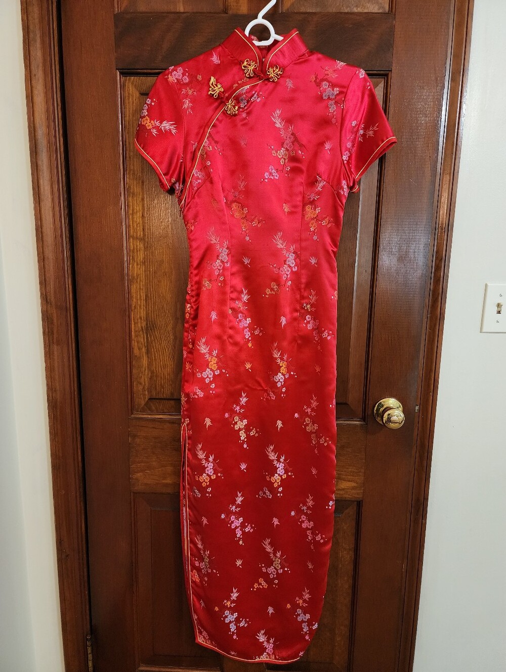 Red Satin Floral Cheongsam Dress (Size XXS)